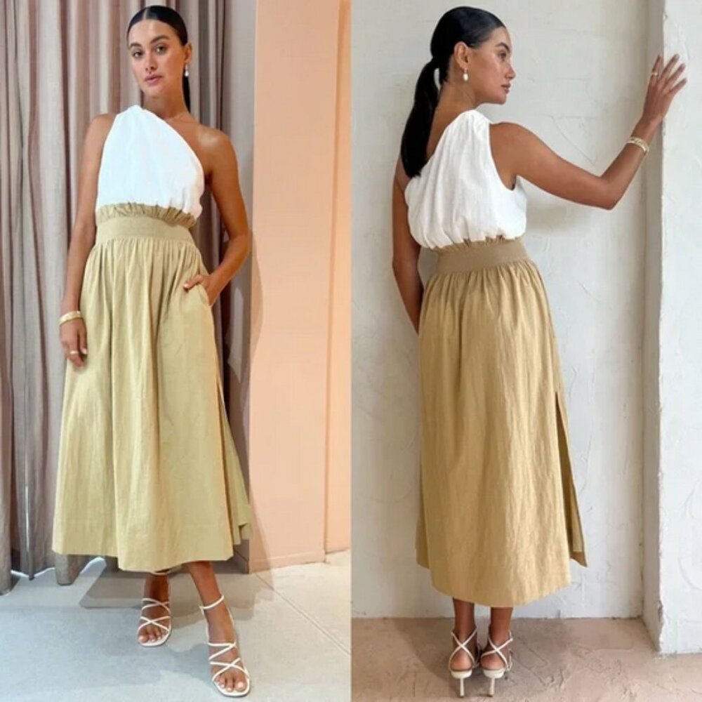 Gorgeous! Sovere Reserve Latte One-Shoulder Midi Anthropologie Dress sz L
